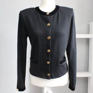 Adrienne Vittadini VTG Black Collarless Velvet Trim Cropped Blazer Size Medium